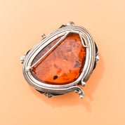 Beautiful Amber Brooch Set In Sterling Silver, Art Nouveau Revival, Floral Motifs, Estate Jewelry, 2" W