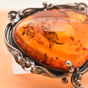 Beautiful Amber Brooch Set In Sterling Silver, Art Nouveau Revival, Floral Motifs, Estate Jewelry, 2" W