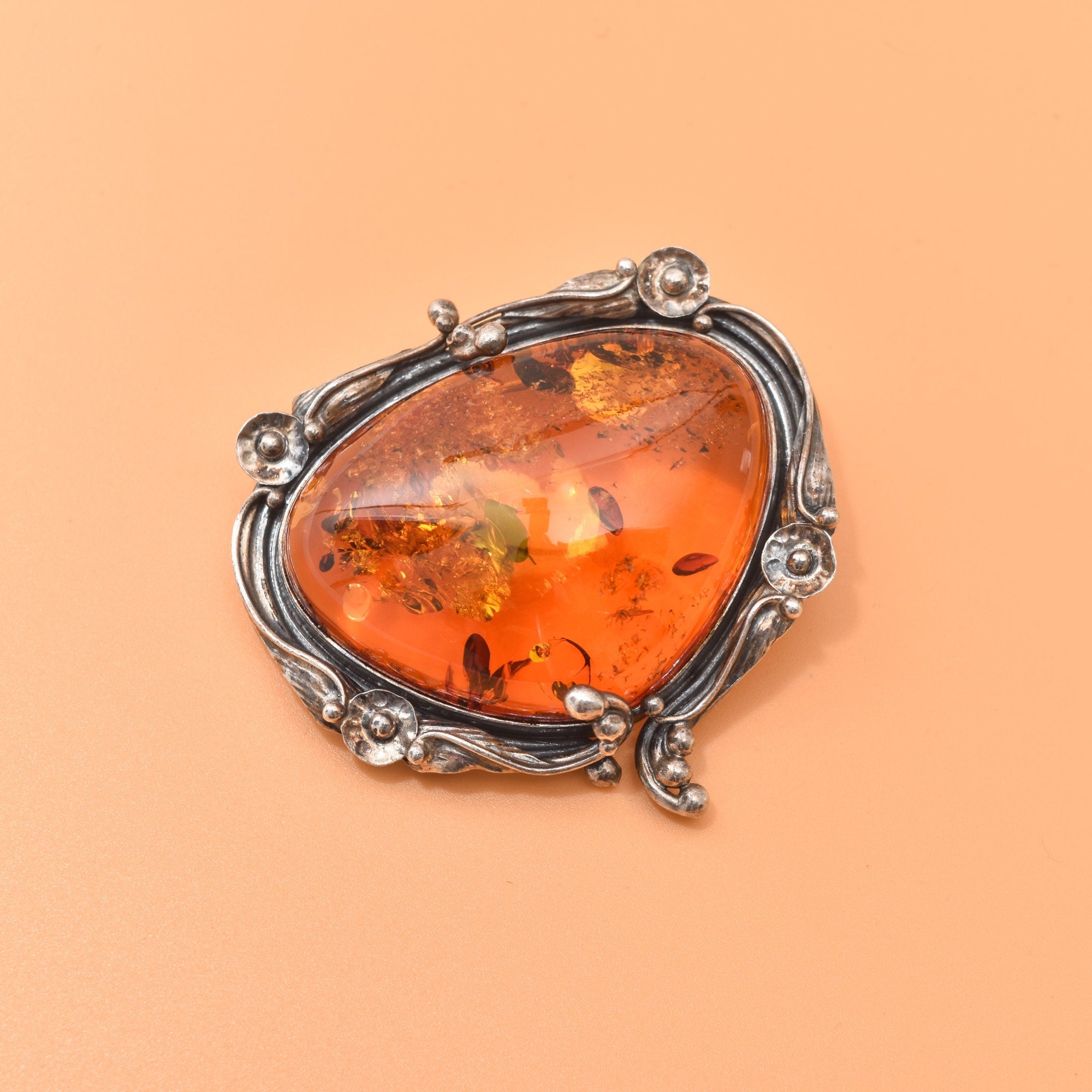 Beautiful Amber Brooch Set In Sterling Silver, Art Nouveau Revival, Floral Motifs, Estate Jewelry, 2" W