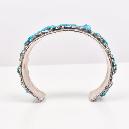 Native American Natural Turquoise Cluster Cuff In Sterling Silver, Old Pawn Jewelry, 5.75" L