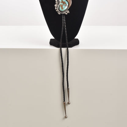 Signed Native American Turquoise Bear Claw Sterling Silver Bolo Tie On Black Leather Cord, Snake Motif