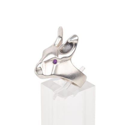 White Rabbit Ring With Amethyst Eyes, Modernist Sterling Silver Ring, Animal Jewelry, 7 1/2 US