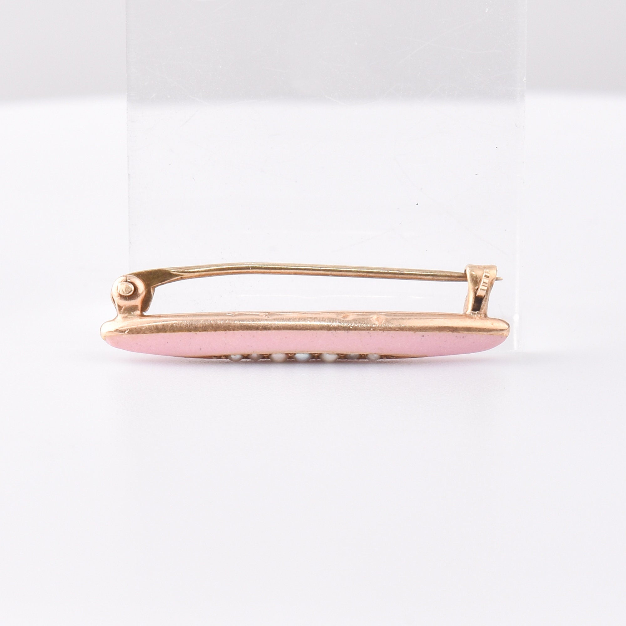 Antique 14K Pink Enamel Seed Pearl Diaper Pin, Mini Gold Bar Pin, Edwardian Art Deco Jewelry, 2.5cm