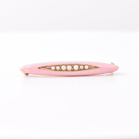 Antique 14K Pink Enamel Seed Pearl Diaper Pin, Mini Gold Bar Pin, Edwardian Art Deco Jewelry, 2.5cm
