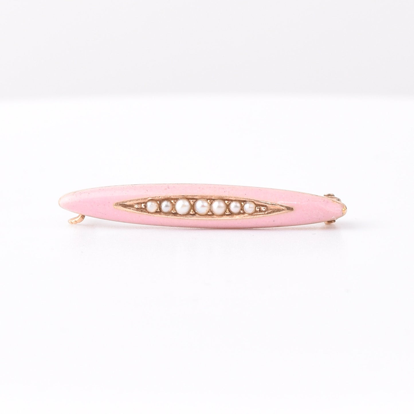 Antique 14K Pink Enamel Seed Pearl Diaper Pin, Mini Gold Bar Pin, Edwardian Art Deco Jewelry, 2.5cm