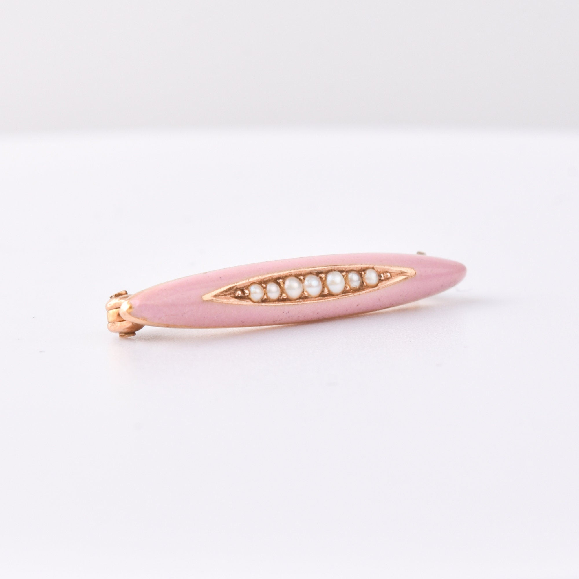 Antique 14K Pink Enamel Seed Pearl Diaper Pin, Mini Gold Bar Pin, Edwardian Art Deco Jewelry, 2.5cm