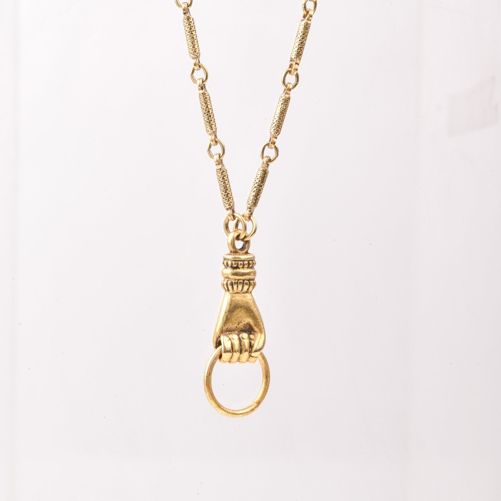 10K Gold Filled Hand-Knocker Pendant Necklace, Pocket Watch Chain & Fob, Estate Jewelry, 30" L