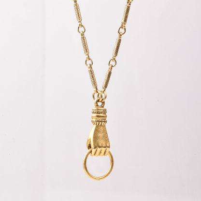 10K Gold Filled Hand-Knocker Pendant Necklace, Pocket Watch Chain & Fob, Estate Jewelry, 30" L