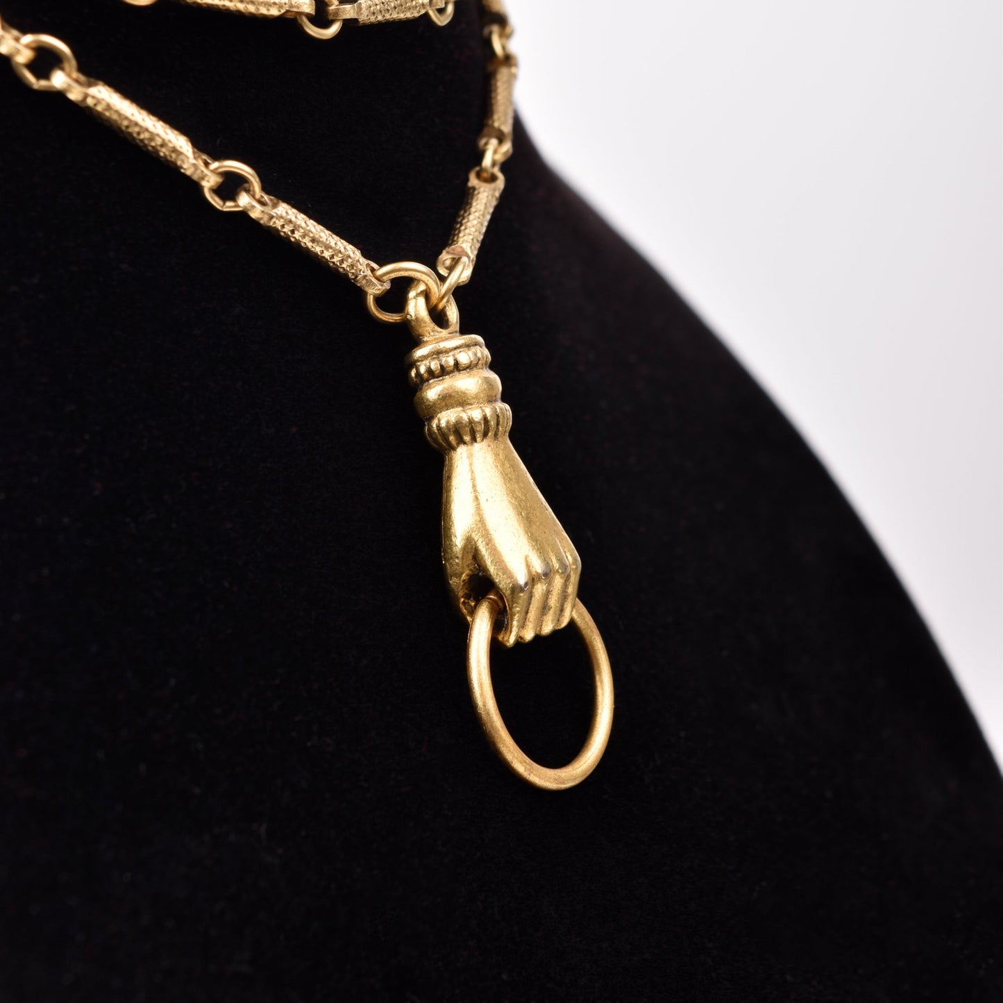 10K Gold Filled Hand-Knocker Pendant Necklace, Pocket Watch Chain & Fob, Estate Jewelry, 30" L