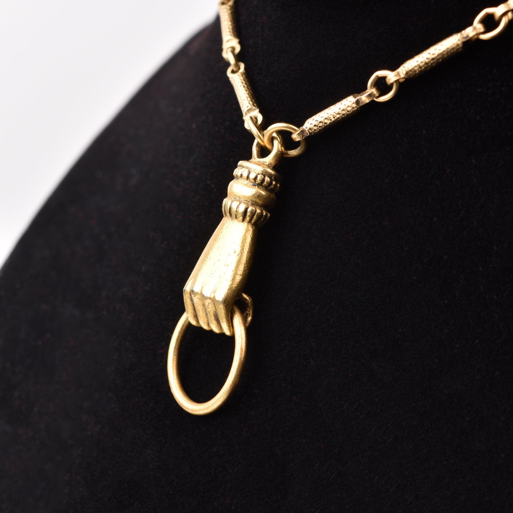 10K Gold Filled Hand-Knocker Pendant Necklace, Pocket Watch Chain & Fob, Estate Jewelry, 30" L