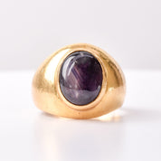 Black Star Sapphire Ring In 18K Yellow Gold, Solid Gold Cab Ring, Estate Jewelry, Size 5 3/4 US