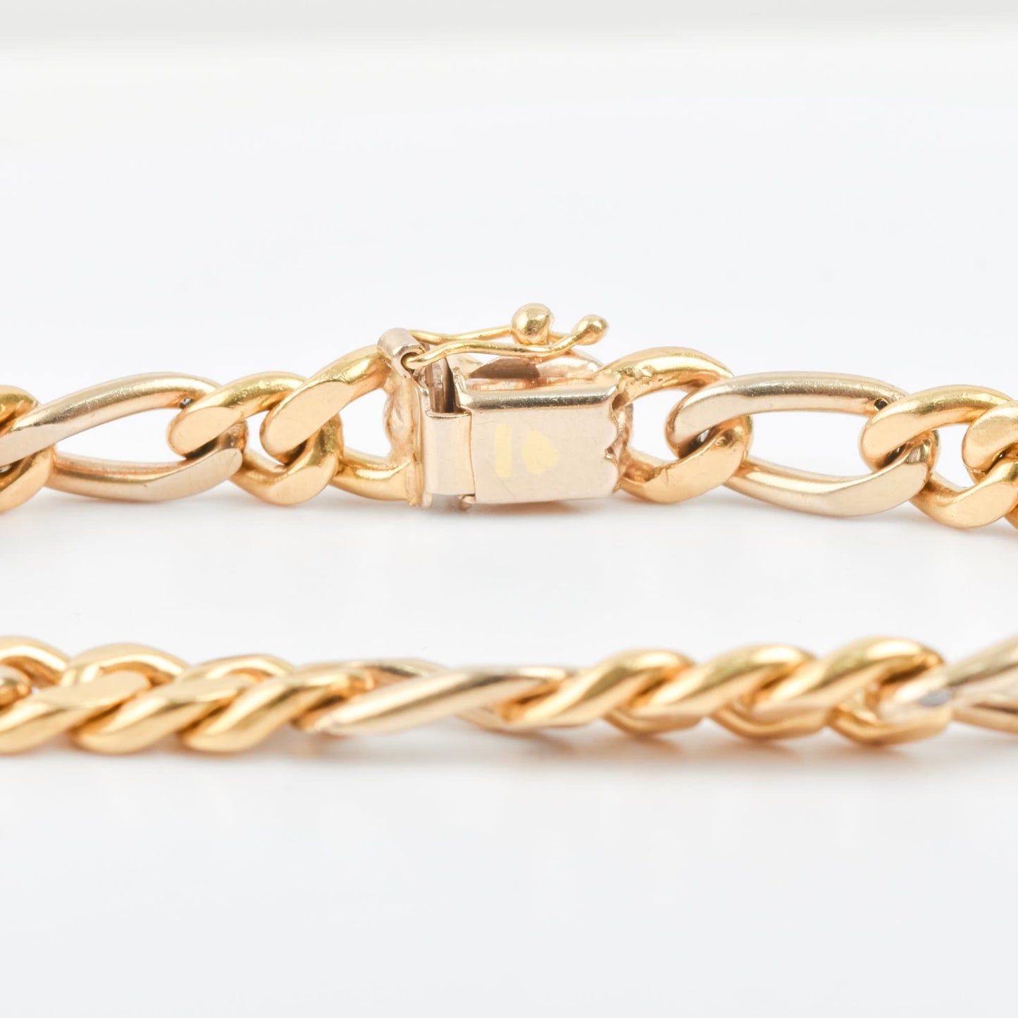 Solid 18K Diamond Figaro Bracelet In Yellow Gold, Modernist Gold Link Bracelet, Estate Jewelry, 7" L