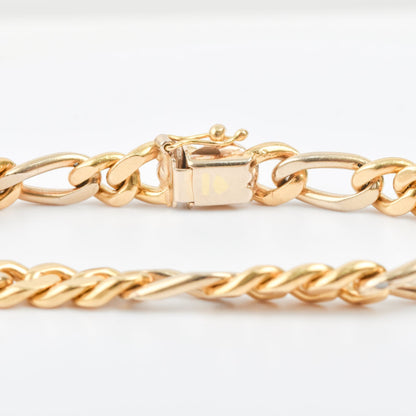 Solid 18K Diamond Figaro Bracelet In Yellow Gold, Modernist Gold Link Bracelet, Estate Jewelry, 7" L