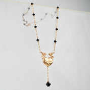 Italian 14K Angel Heart Pendant On Beaded Station Necklace, Art Nouveau Revival, 17" L