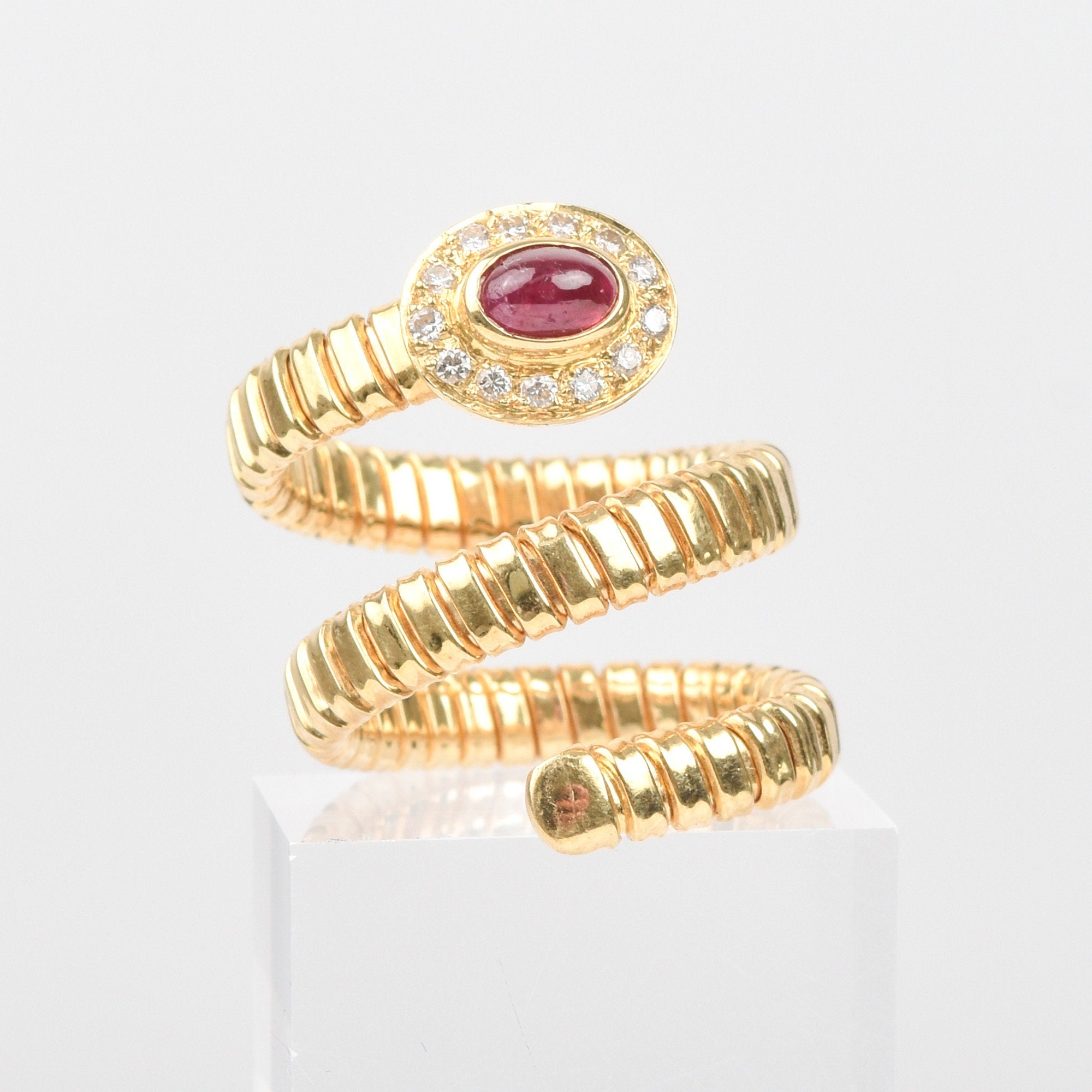 Garnet Diamond Coil Ring In 18K Yellow Gold, Statement Ring, Adjustable, Size 7-9 US