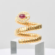 Garnet Diamond Coil Ring In 18K Yellow Gold, Statement Ring, Adjustable, Size 7-9 US