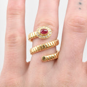 Garnet Diamond Coil Ring In 18K Yellow Gold, Statement Ring, Adjustable, Size 7-9 US