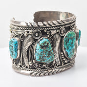 Signed Native American Turquoise Cuff Bracelet In Sterling Silver, Wide Chunky Floral Motif Cuff, 6.25" L