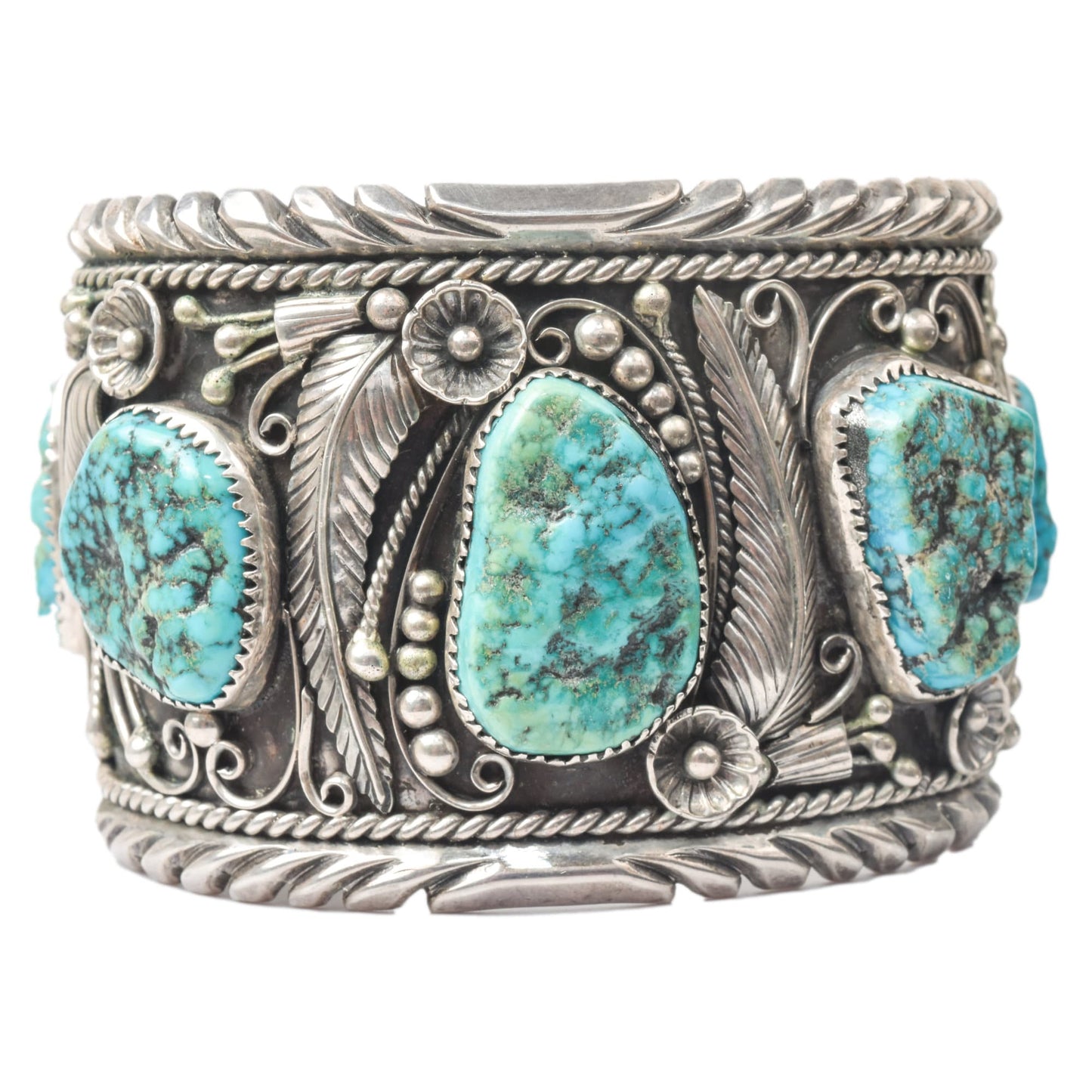 Signed Native American Turquoise Cuff Bracelet In Sterling Silver, Wide Chunky Floral Motif Cuff, 6.25" L
