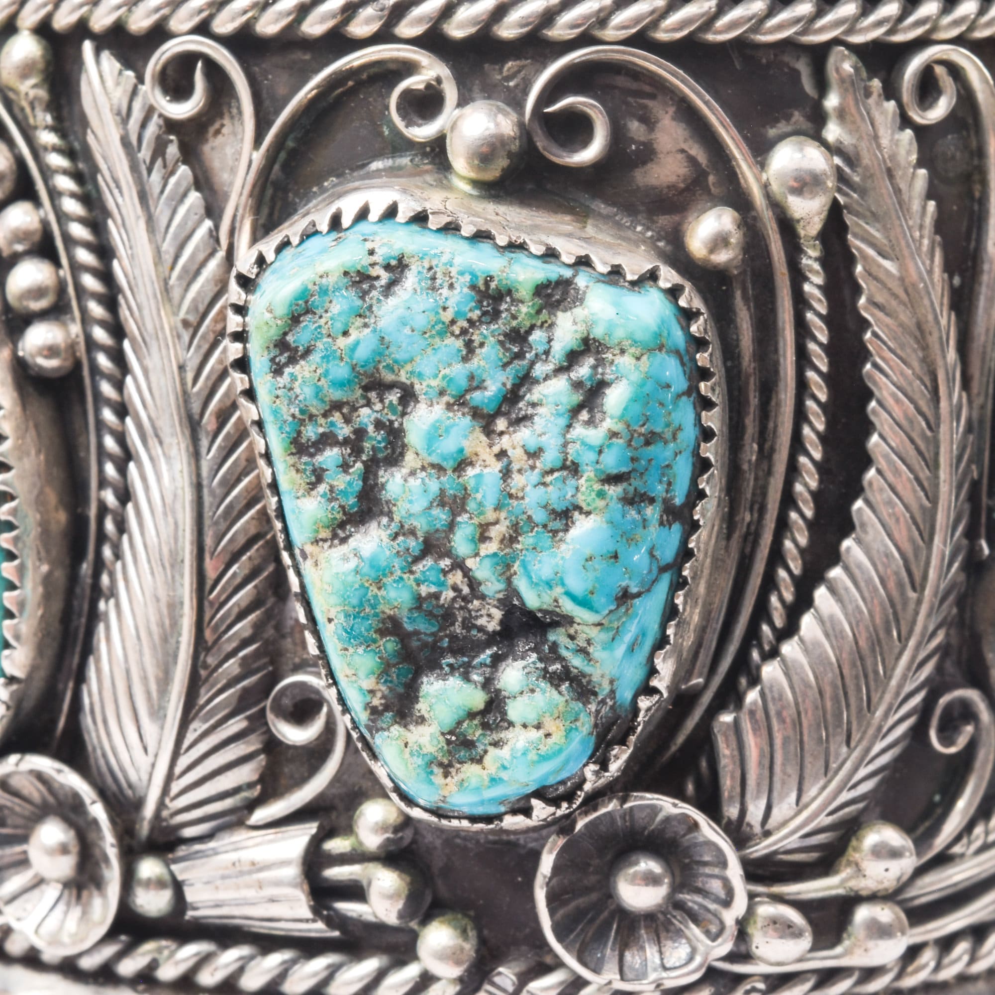 Signed Native American Turquoise Cuff Bracelet In Sterling Silver, Wide Chunky Floral Motif Cuff, 6.25" L