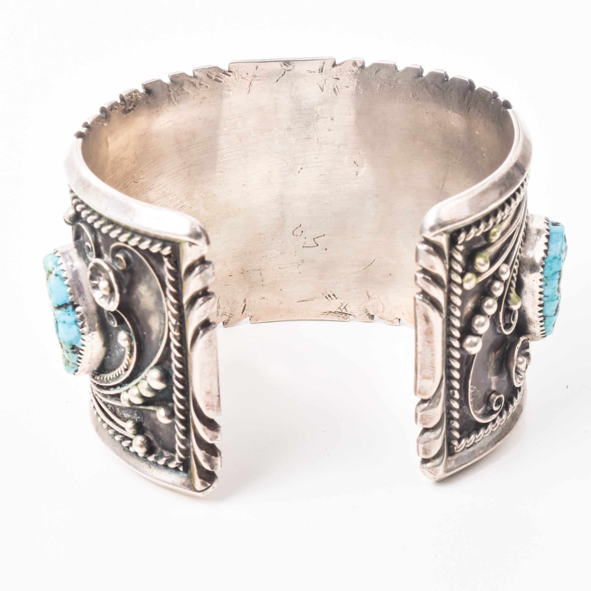 Signed Native American Turquoise Cuff Bracelet In Sterling Silver, Wide Chunky Floral Motif Cuff, 6.25" L