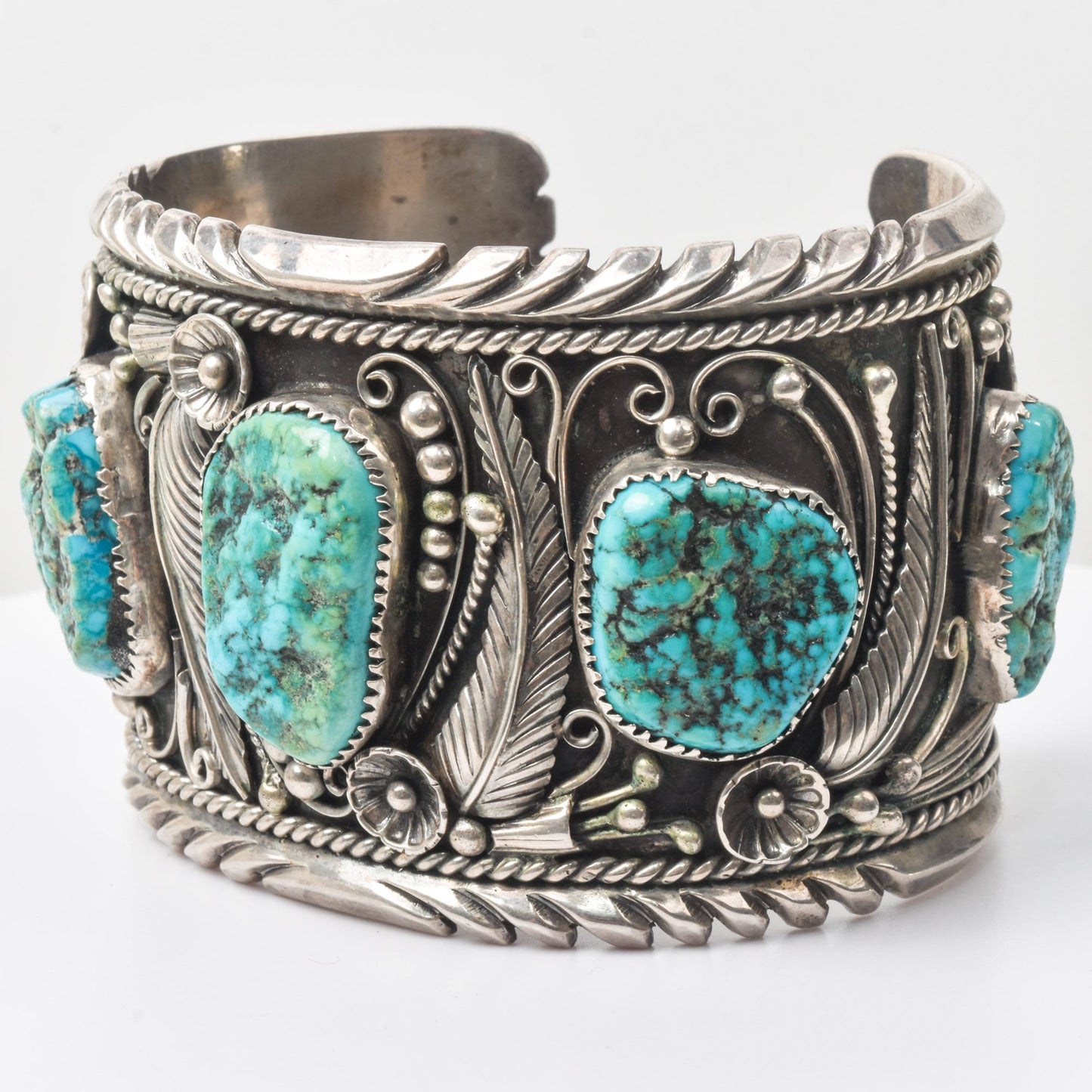 Signed Native American Turquoise Cuff Bracelet In Sterling Silver, Wide Chunky Floral Motif Cuff, 6.25" L