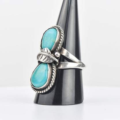 Navajo Two-Stone Turquoise Ring In Sterling Silver, Native American Jewelry, Size 10 1/2 US