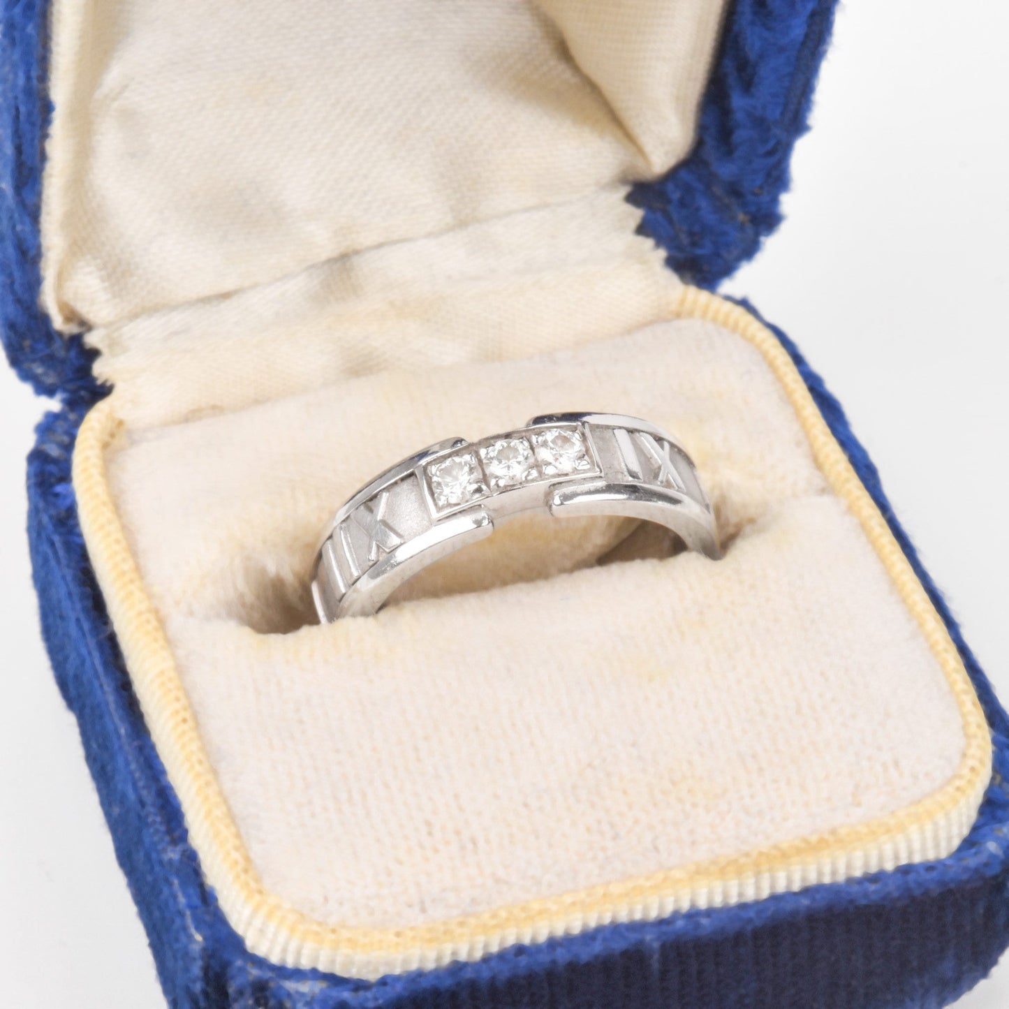 1995 Tiffany & Co. 18K White Gold Diamond Atlas Ring, .24 TCW Three-Stone Ring, Size 6 3/4 US