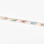 Modernist Evil Eye Bracelet In Sterling Silver, Colorful Glass Beads, Hollow Oval Link Chain, 8" L