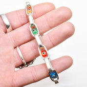 Modernist Evil Eye Bracelet In Sterling Silver, Colorful Glass Beads, Hollow Oval Link Chain, 8" L