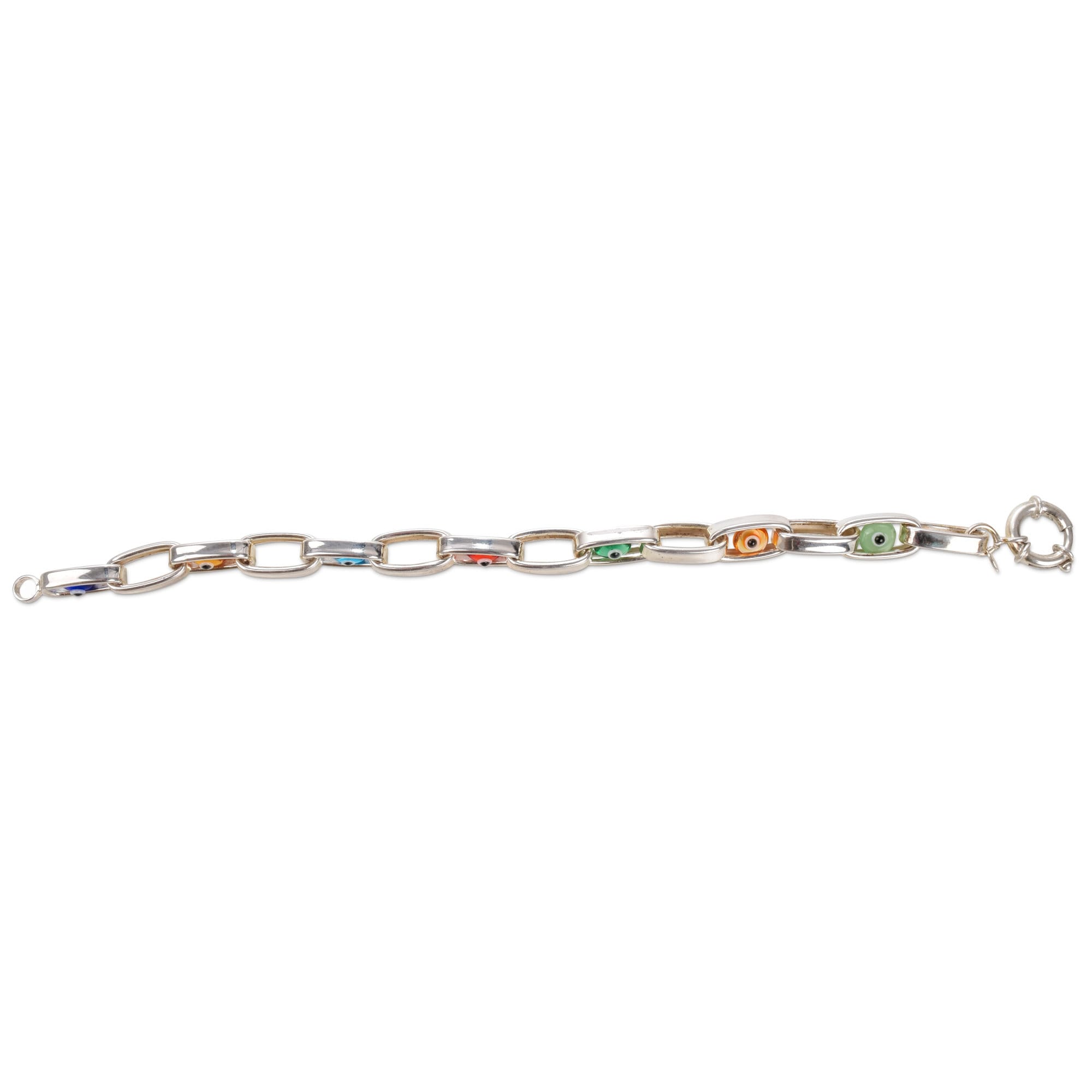 Modernist Evil Eye Bracelet In Sterling Silver, Colorful Glass Beads, Hollow Oval Link Chain, 8" L