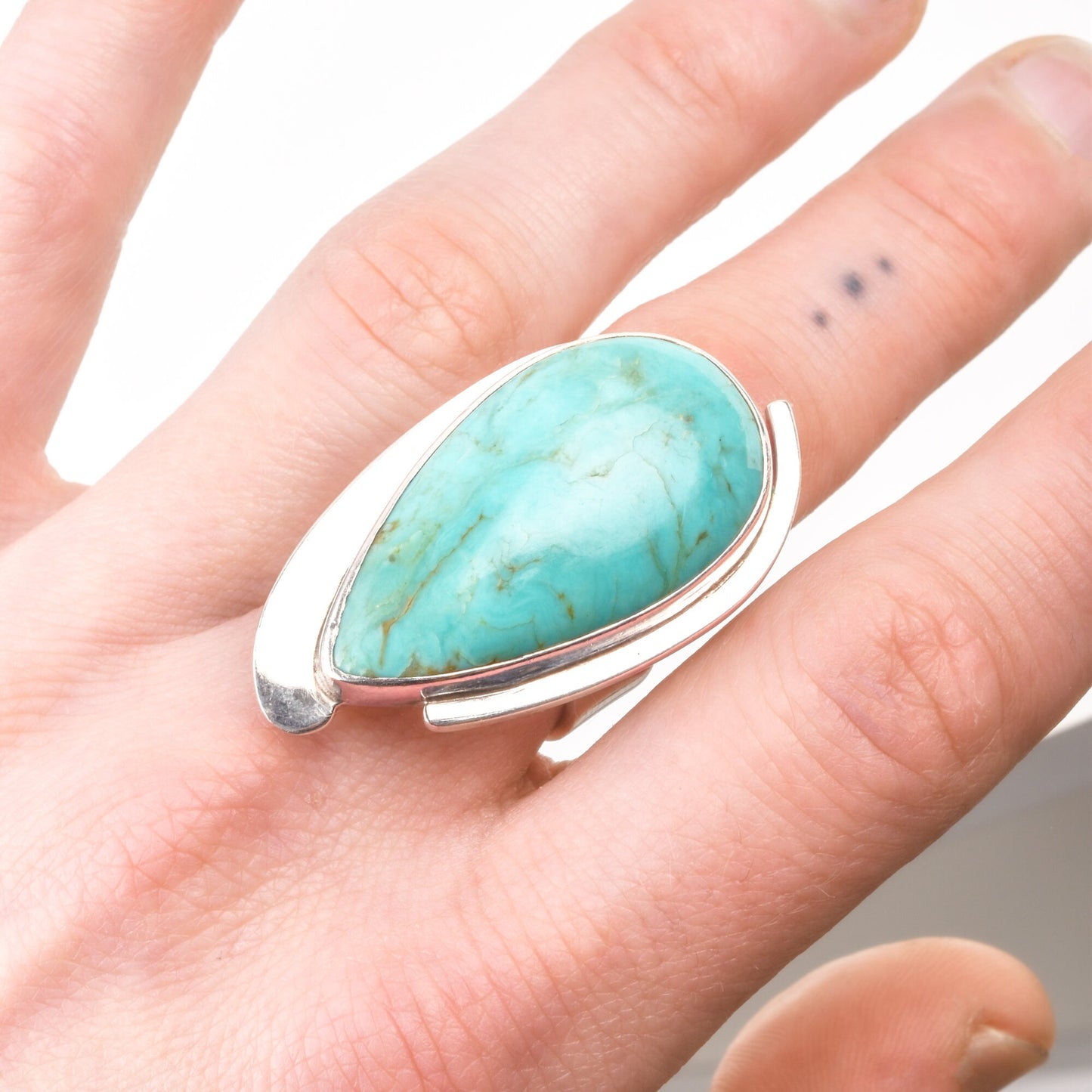 Modernist 950 Sterling Silver Turquoise Teardrop Ring By Lapidarios Barrera, Adjustable Wrap Band, Size 7-10 US