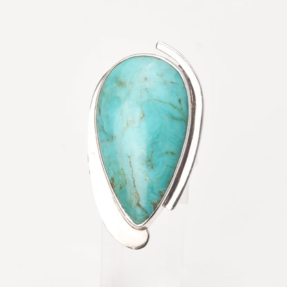 Modernist 950 Sterling Silver Turquoise Teardrop Ring By Lapidarios Barrera, Adjustable Wrap Band, Size 7-10 US