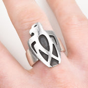 Modernist Sterling Silver Thunderbird Ring, Carved Designs, Native American Jewelry, Size 8 1/2 US