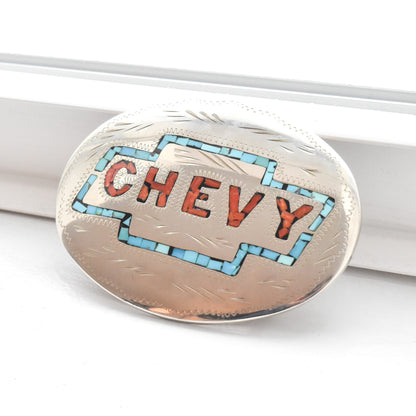 Turquoise & Coral Chip Inlay 'CHEVY' Belt Buckle, Engraved Silver, Southwestern Jewelry, 4.125"