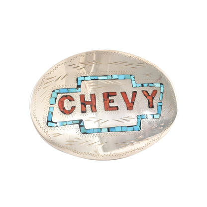 Turquoise & Coral Chip Inlay 'CHEVY' Belt Buckle, Engraved Silver, Southwestern Jewelry, 4.125"