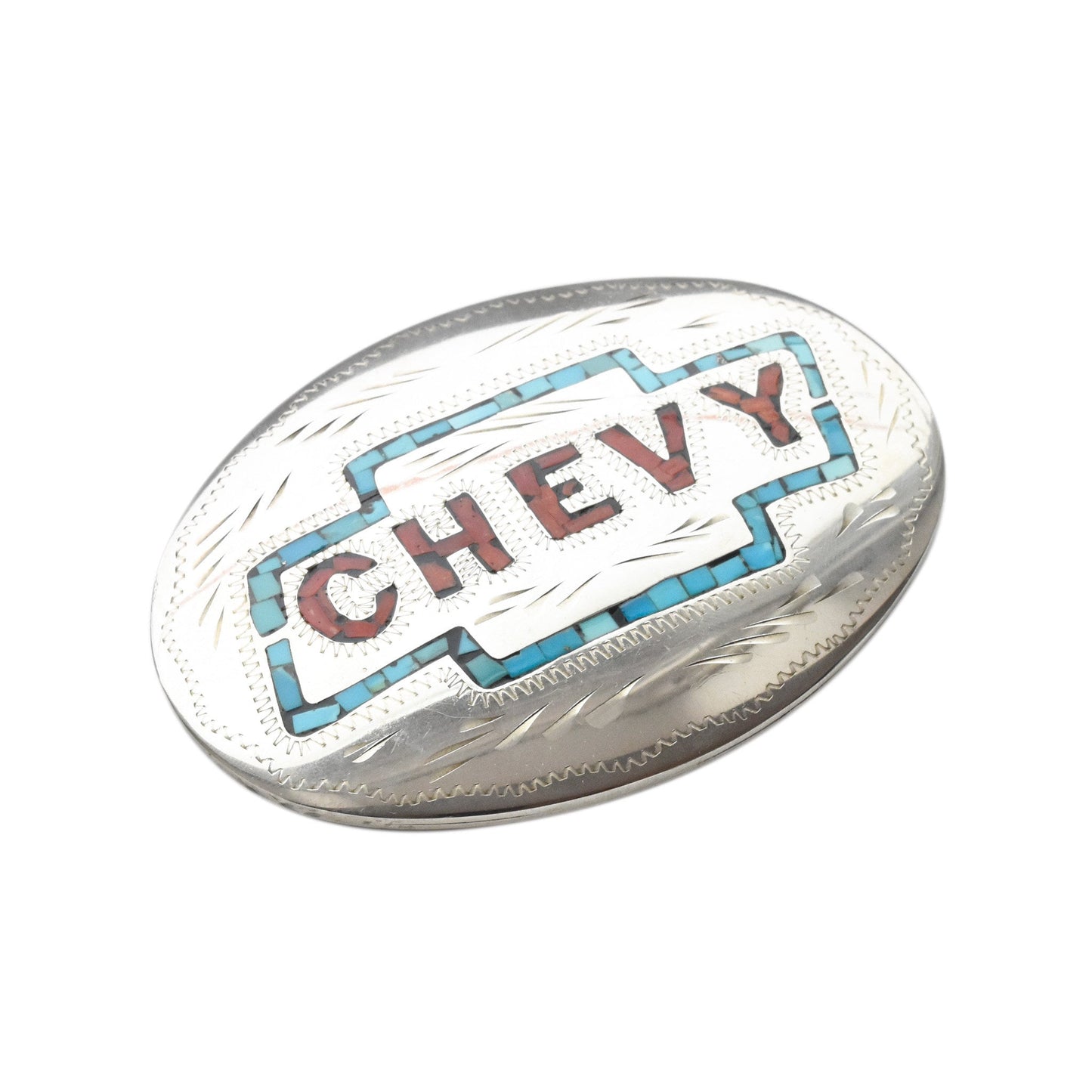 Turquoise & Coral Chip Inlay 'CHEVY' Belt Buckle, Engraved Silver, Southwestern Jewelry, 4.125"