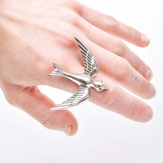 Modernist Flying Bird Statement Ring, Polished Silver Ring, Vintage Jewelry, Size 10 1/12 US