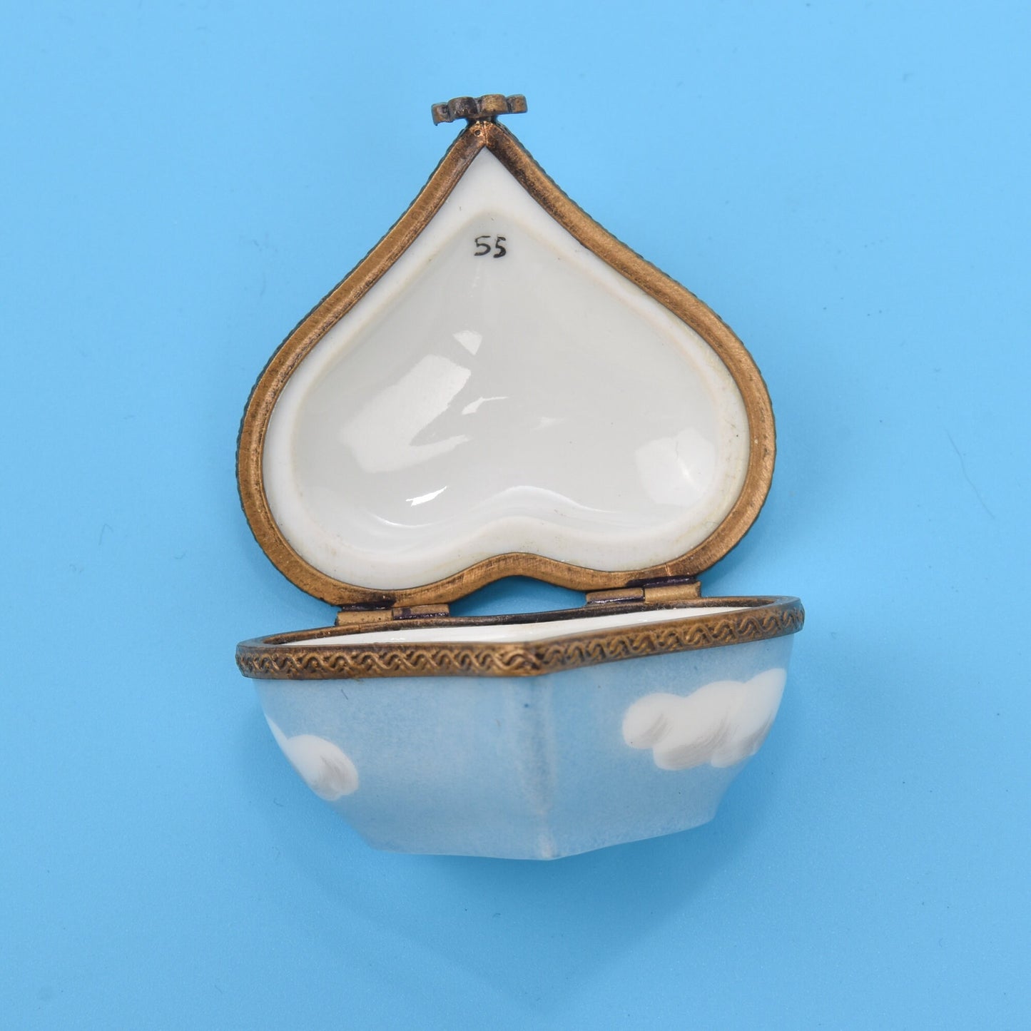 Limoges France Petit Main Porcelain Trinket Box, Heart-Shaped Box With Sun In The Clouds, Floral Motifs