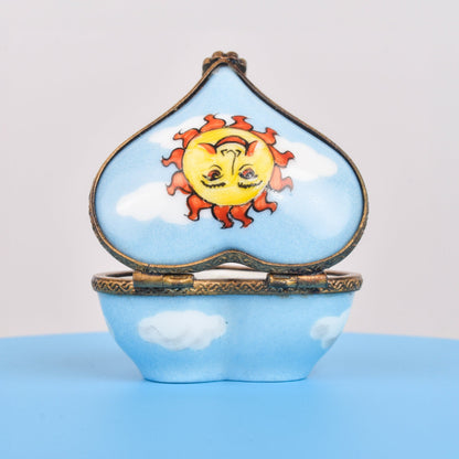 Limoges France Petit Main Porcelain Trinket Box, Heart-Shaped Box With Sun In The Clouds, Floral Motifs