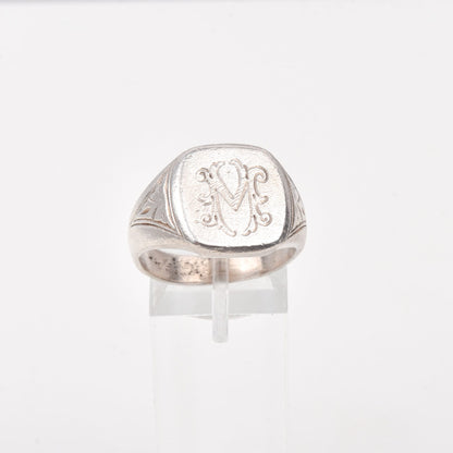 Men's 950 Sterling Silver 'M' Initial Monogram Square Signet Ring, Estate Jewelry, Size 10 US