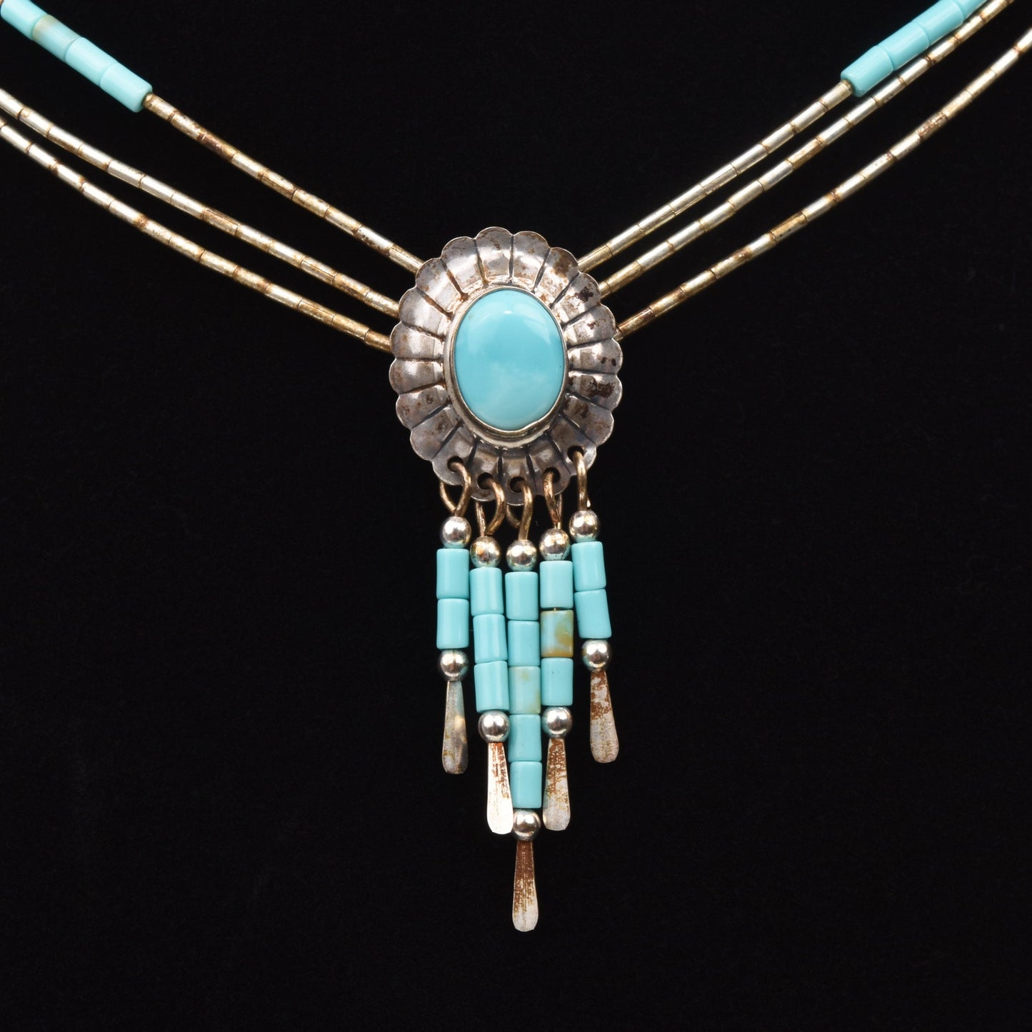 Native American Sterling Silver Turquoise Concho Tassel Pendant Necklace, 3-Strand Beaded Necklace, 18.5" L