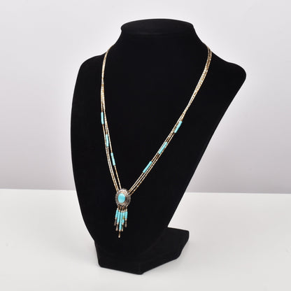 Native American Sterling Silver Turquoise Concho Tassel Pendant Necklace, 3-Strand Beaded Necklace, 18.5" L