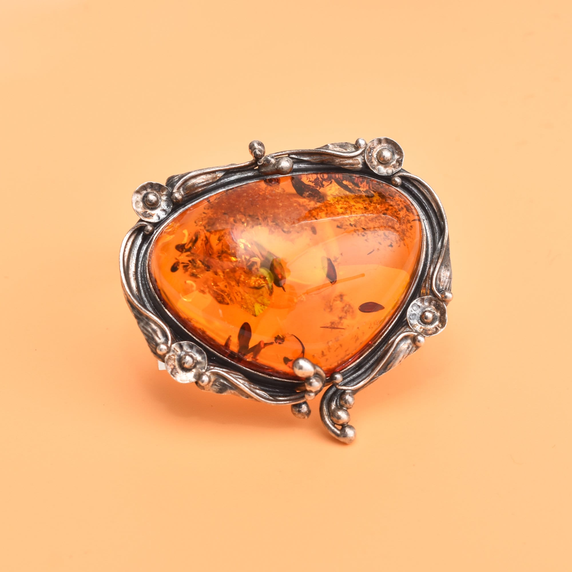 Beautiful Amber Brooch Set In Sterling Silver, Art Nouveau Revival, Floral Motifs, Estate Jewelry, 2" W