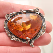 Beautiful Amber Brooch Set In Sterling Silver, Art Nouveau Revival, Floral Motifs, Estate Jewelry, 2" W