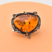 Beautiful Amber Brooch Set In Sterling Silver, Art Nouveau Revival, Floral Motifs, Estate Jewelry, 2" W