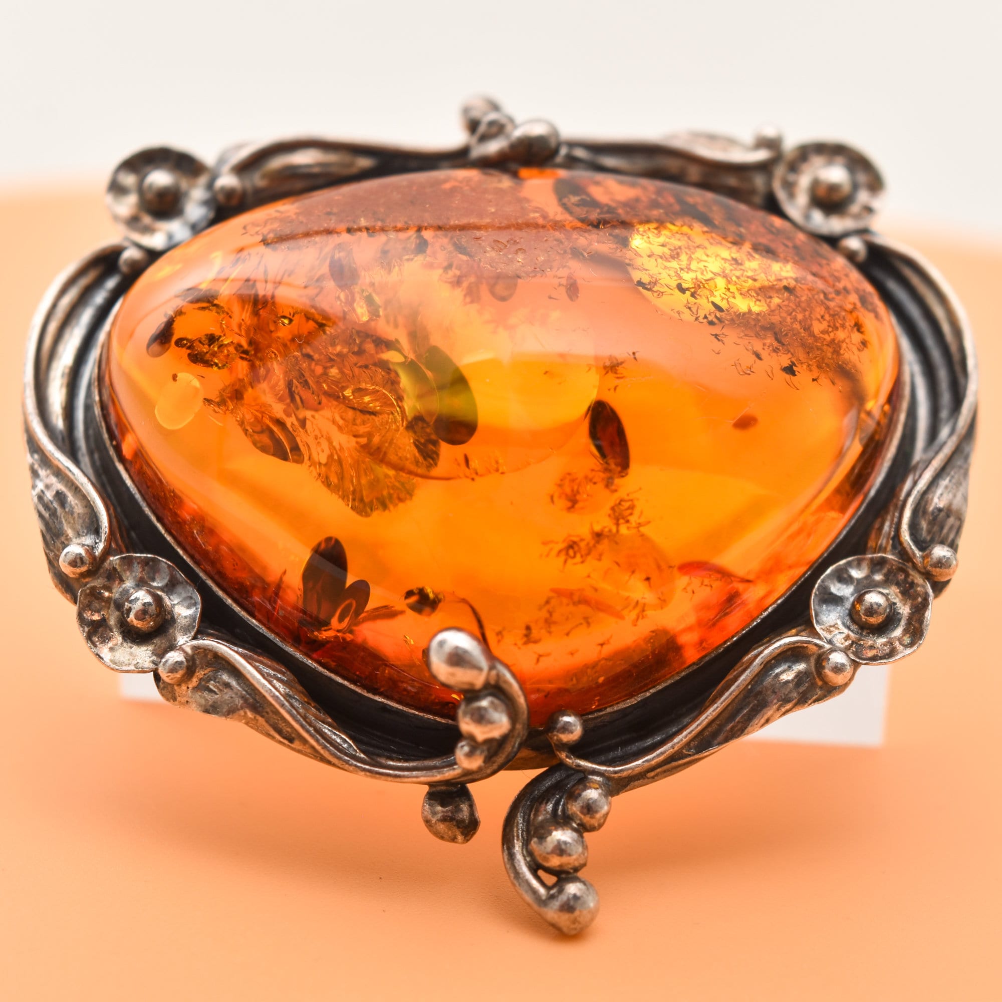 Beautiful Amber Brooch Set In Sterling Silver, Art Nouveau Revival, Floral Motifs, Estate Jewelry, 2" W