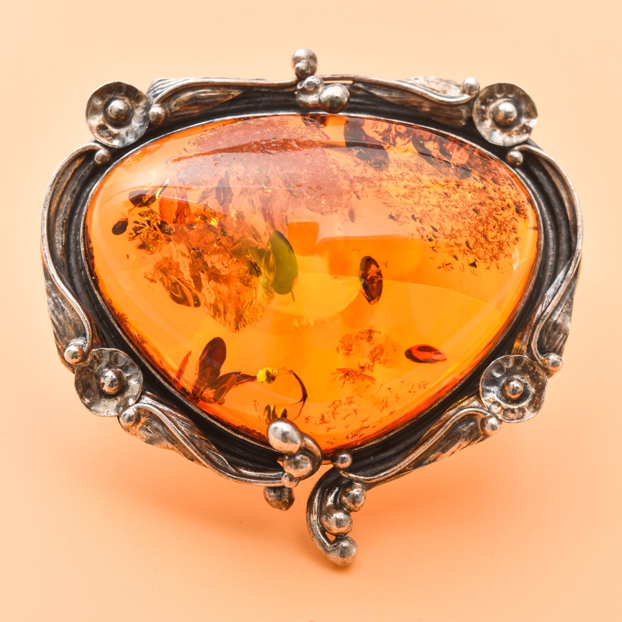 Beautiful Amber Brooch Set In Sterling Silver, Art Nouveau Revival, Floral Motifs, Estate Jewelry, 2" W