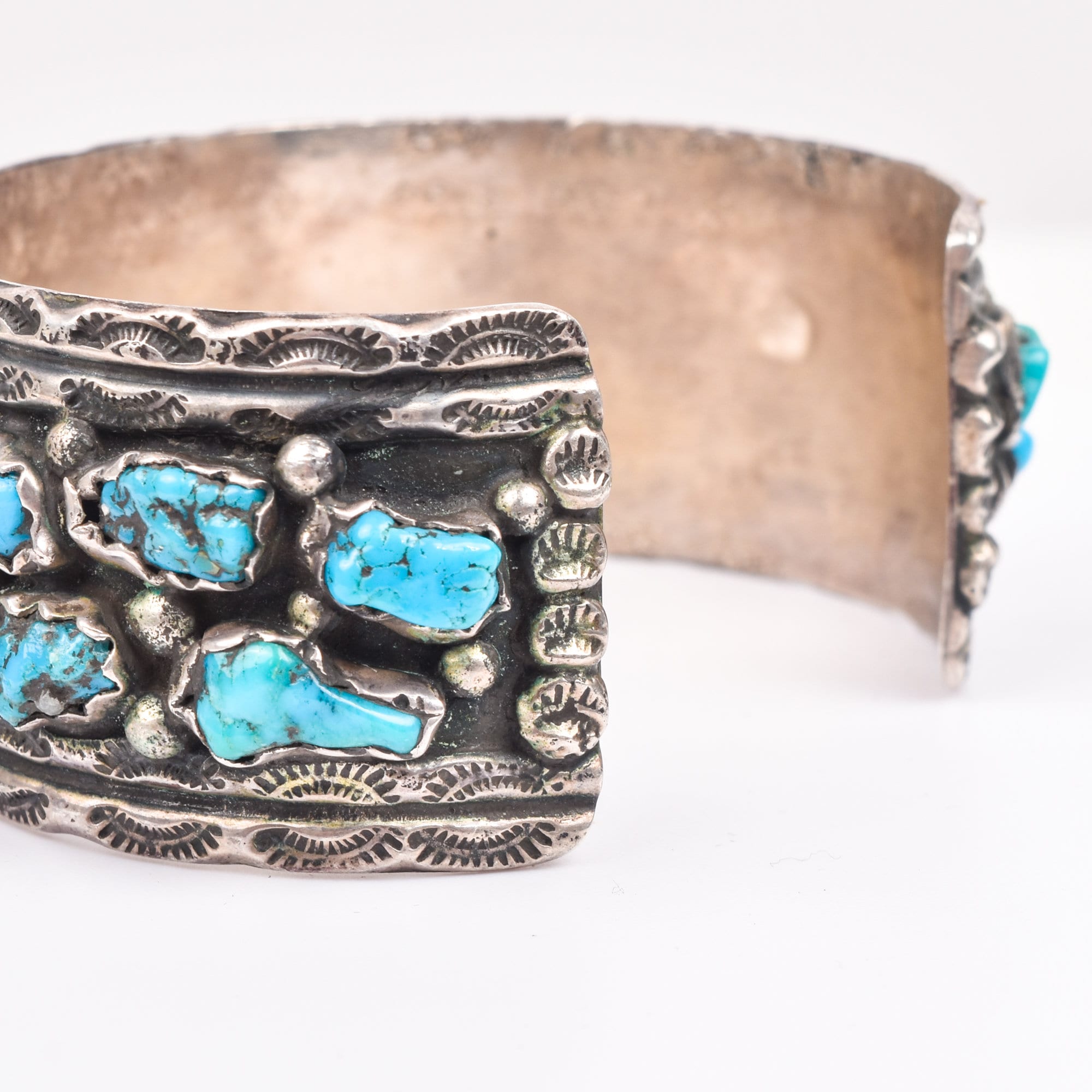 Native American Natural Turquoise Cluster Cuff In Sterling Silver, Old Pawn Jewelry, 5.75" L