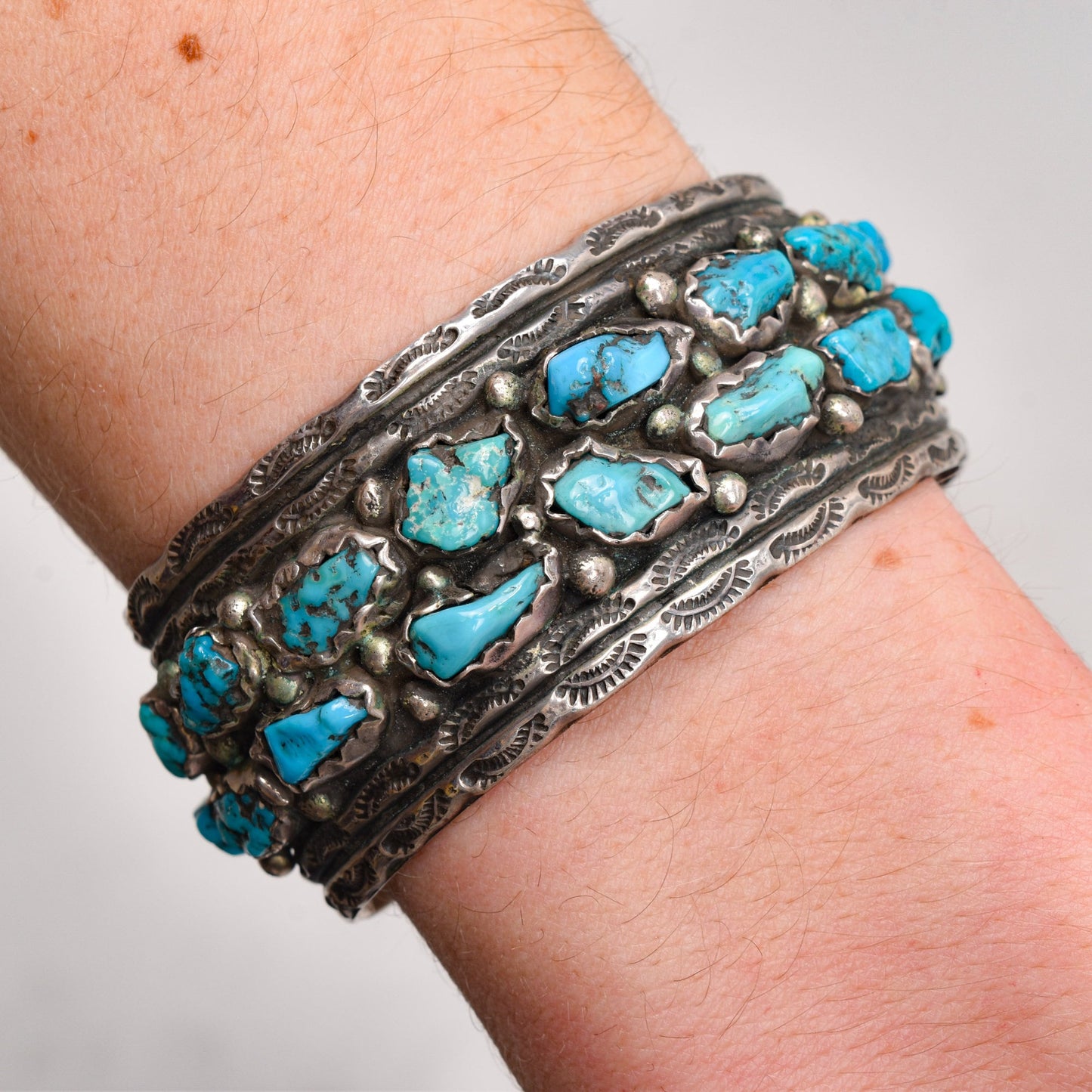 Native American Natural Turquoise Cluster Cuff In Sterling Silver, Old Pawn Jewelry, 5.75" L